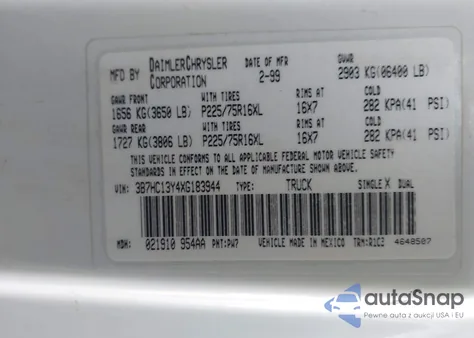 1999 Dodge Ram 1500 St from USA, damaged, VIN 3B7HC13Y4XG183944